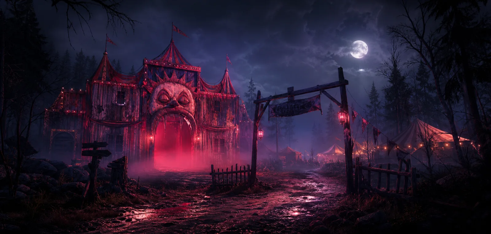 An original moonlit illustration of a haunted attraction at a wooded campground